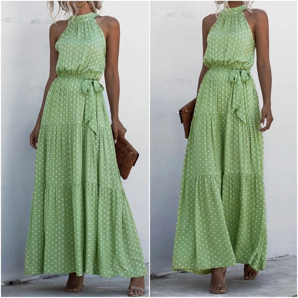Boho Pastel Green Floral Print Halter Maxi Dress Ruffle - Picture 1 of 13